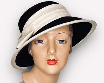 Chapeau femme "Tilly", noir et blanc, chapeau abat-jour, cloche avec grand noeud