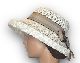 Airy women's straw hat "Myrtle" in the shape of a lampshade made of paper straw, off-white