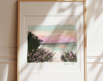 May include: A framed painting of a seascape with a pink and blue sunset, green bushes, and the text "There is hope."