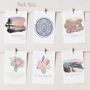 May include: Set of six printable cards with watercolor illustrations and inspirational quotes. The cards feature a sunset landscape, a floral bouquet, a mandala design, a field of flowers, another floral bouquet, and a mountain landscape. The quotes include "Before the mountains were born or you brought forth the whole world, from everlasting to everlasting, you are God." "Let everything that has breath praise the Lord." "No fear, for I am with you; do not be dismayed, for I am your God. I will strengthen you and help you; I will uphold you with my righteous right hand." "He cares about you." "Great is your love toward me."