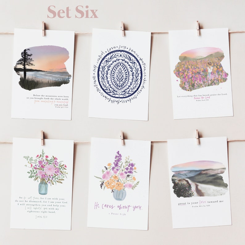 May include: Set of six printable cards with watercolor illustrations and inspirational quotes. The cards feature a sunset landscape, a floral bouquet, a mandala design, a field of flowers, another floral bouquet, and a mountain landscape. The quotes include "Before the mountains were born or you brought forth the whole world, from everlasting to everlasting, you are God." "Let everything that has breath praise the Lord." "No fear, for I am with you; do not be dismayed, for I am your God. I will strengthen you and help you; I will uphold you with my righteous right hand." "He cares about you." "Great is your love toward me."
