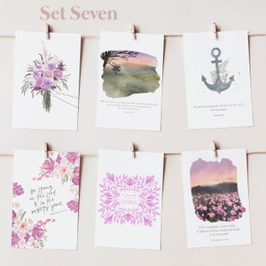 May include: Set of seven printable cards with watercolor illustrations and inspirational quotes. The cards feature a bouquet of flowers, a landscape with a sunset, an anchor, a floral pattern, another landscape with a sunset, and a field of flowers. The quotes include "Be strong in the Lord and in His mighty power", "We have this hope as an anchor for the soul", "Love is patient, love is kind. It does not envy, it does not boast, it is not proud", and "Be the promise of faithful."