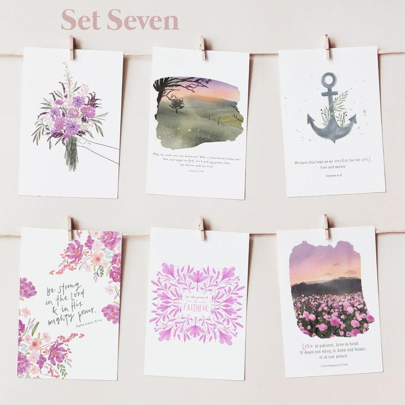 May include: Set of seven printable cards with watercolor illustrations and inspirational quotes. The cards feature a bouquet of flowers, a landscape with a sunset, an anchor, a floral pattern, another landscape with a sunset, and a field of flowers. The quotes include "Be strong in the Lord and in His mighty power", "We have this hope as an anchor for the soul", "Love is patient, love is kind. It does not envy, it does not boast, it is not proud", and "Be the promise of faithful."