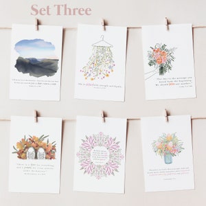 May include: Set of six printable cards with watercolor illustrations and inspirational quotes. The cards feature a mountain range, a floral bouquet, a hanger with flowers, a pair of shoes, a floral wreath, and another floral bouquet. The quotes are from the Bible.