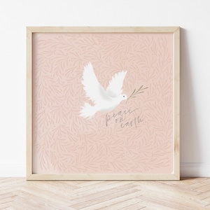 May include: A white dove with an olive branch in its beak flies against a pink background with a delicate floral pattern. The text "Peace on Earth" is written in cursive below the dove.