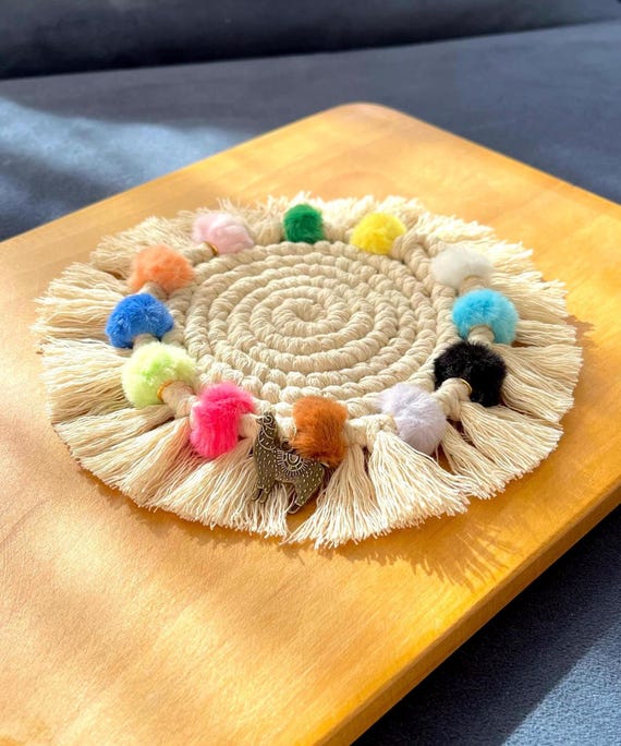 Colorful Home Decor | Cozy Pom Pom Macrame Coaster Set | Whimsical Apartment Decor | Llama Lover Gift | Cozy Housewarming Gift