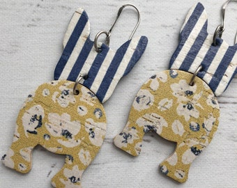 Wiggle Butt Dog Earrings ~ Navy Blue and White Striped Leather Backed Cork ~ Mustard Floral Poppy ~ French Bulldog Dangles ~ Silver Hooks