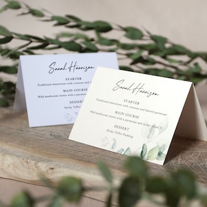 Menu Place Cards 'Dreamy Eucalyptus' Personalised – Folded/Flat, Customised, Guest Name & Menu Choices in One Place, Any font/Design/Text