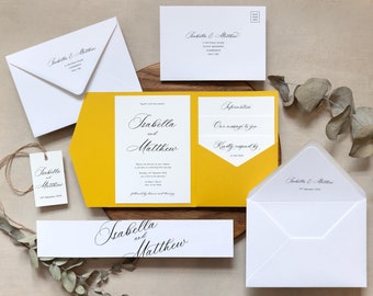 Custom 5x7 Pocketfold Sleeve 'Alchemist' 5x7" Wedding Invitations with Sleeve/Belly Band and Envelope | Bespoke, Choose Pocketfold Colour