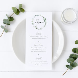 Classic Eucalyptus CE15 Wedding Slim Table Menu - Bespoke Customised | Lots of Other Designs/Fonts Available