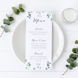 Eucalyptus Wedding Slim Table Menu - Bespoke Customised - Green Leaves | Lots of Other Designs/Fonts Available