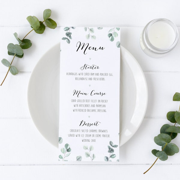 Eucalyptus Wedding Slim Table Menu - Bespoke Customised - Green Leaves | Lots of Other Designs/Fonts Available