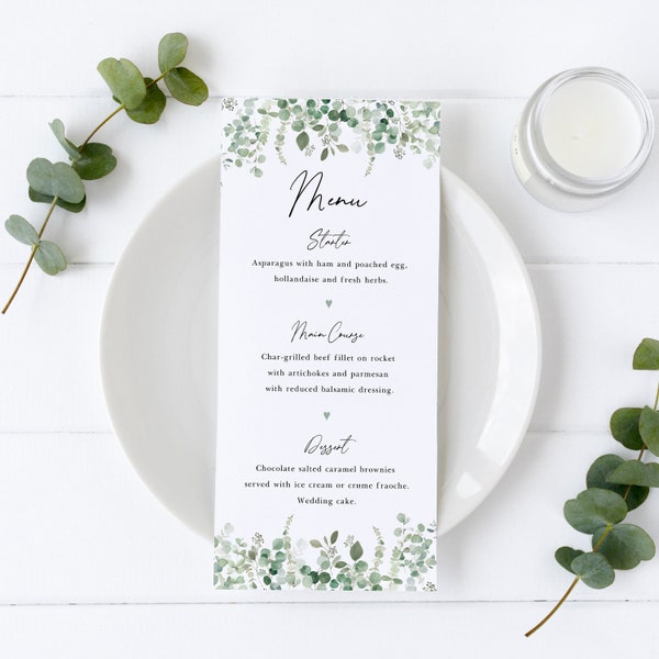 Classic Eucalyptus CE14 Wedding Slim Table Menu - Bespoke Customised | Lots of Other Designs/Fonts Available