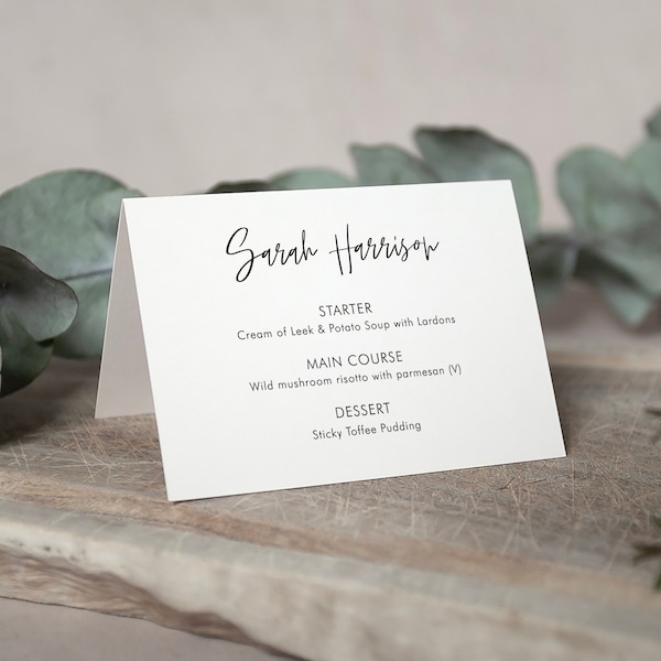 Menu Place Cards 'Amelia' Personalised – Folded/Flat, Customised, Guest's Name & Menu Choices in One Place, Any fonts, Any Design/Text