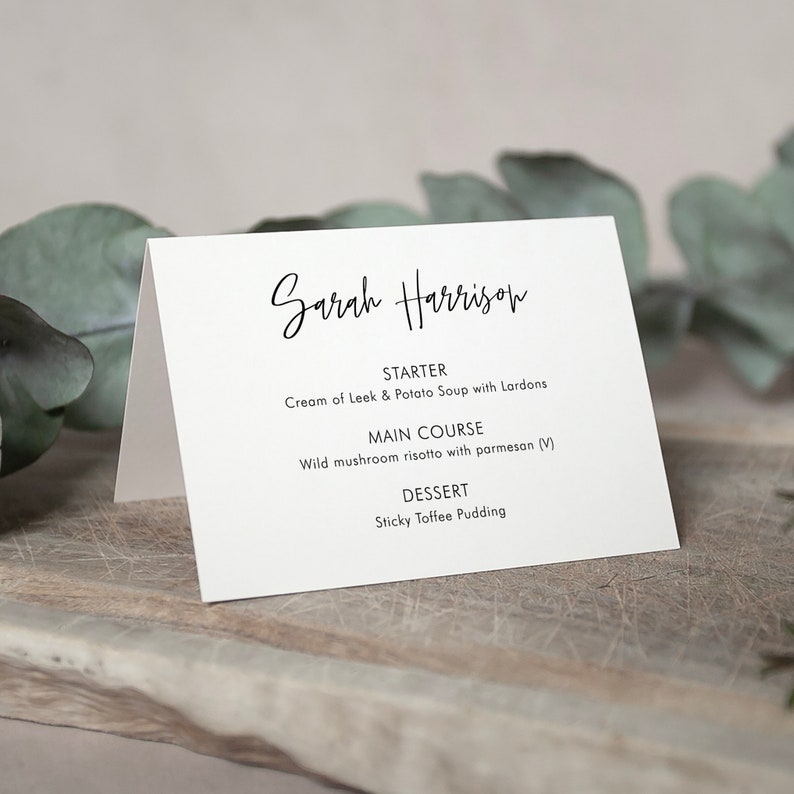 Menu Place Cards 'Amelia' Personalised Folded/Flat, Customised, Guest's Name & Menu Choices in One Place, Any fonts, Any Design/Text image 1