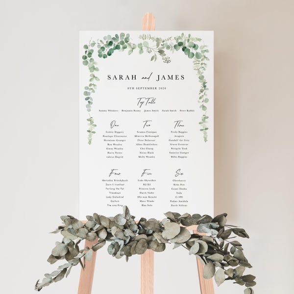 Printed Eucalyptus Wedding Table Plan, Greenery Seating Chart Sign, Classic Eucalyptus CE22
