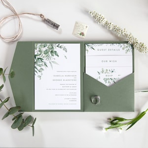 10x Sage Green Pocketfold Sleeve 'Enchanting Eucalyptus EE01' Wedding Invitations | Sleeve/Belly Band/Envelope, Bespoke/Any Design, RSVP etc