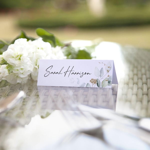 Personalised ‘Green & Gold Eucalyptus’ Place Name Cards, folded or flat, Choose any design or font