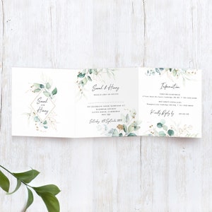 Pack of 10x Tri Fold ‘Green & Gold Eucalyptus’ Wedding Invitations - Personalised - Customisable - Any Event / Design - Boho / Traditional