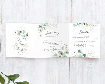 Pack of 10x Tri Fold ‘Green & Gold Eucalyptus’ Wedding Invitations - Personalised - Customisable - Any Event / Design - Boho / Traditional