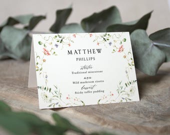 Personalised Menu Place Cards 'Vintage Botanical V002' , folded or flat, Guest name & their menu choices for weddings or events