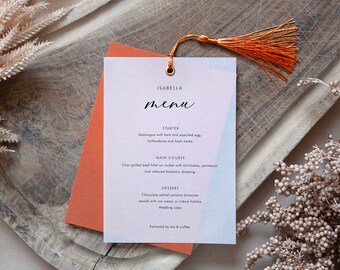 Menu with Vellum Overlay & Tassel 'Calligraphy 1' - Personalised - Varying Colours - Grommet / Eyelet - Any Fonts/Design, Fully Customised