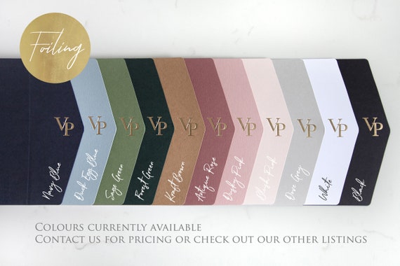 SAMPLE Luxury 5x7” Foil Hand Pressed DIY Pocketfold Envelope – Gold/Silver/Rose Gold/Copper Foil | Traditional Block Foiling | 11 Colours