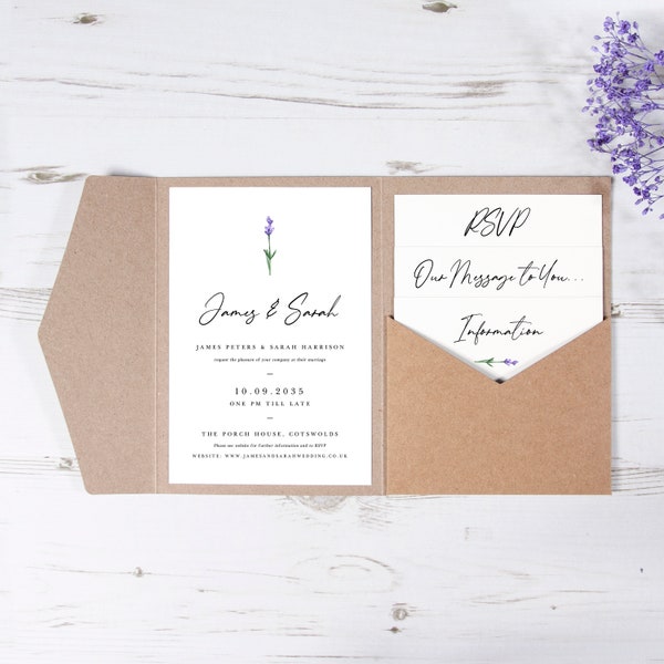 10x Pocketfold Tag 'Lavender' Wedding Invitations with Tag, Twine & Envelope - Fully Customised - Any Design/Event - RSVP/Gift Message/Menu