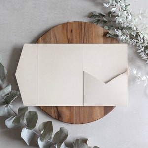 Puede incluir: Una tarjeta blanca con una solapa plegable, sentada sobre una superficie de madera. La tarjeta est&aacute; en blanco y lista para escribir.
