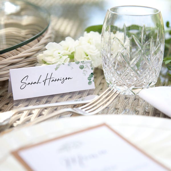 Personalised ‘Classic Eucalyptus’ Place Name Cards, folded or flat, Choose any design or font