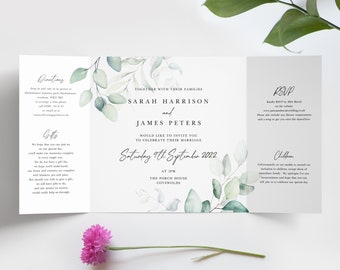 Double-sided Printed Gatefold Wedding Invitations ‘Dreamy Eucalyptus’ | Fully Customised | Packs of 10 or more | Any Event | Many Designs