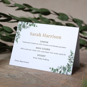 Menu Place Cards &#39;Campagna Eucalyptus CP01&#39; Personalised – Folded/Flat, Customised, Guest Name/Menu Choices for Weddings or Events, Any font