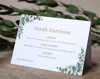 Menu Place Cards 'Campagna Eucalyptus CP01' Personalised – Folded/Flat, Customised, Guest Name & Menu Choices in One Place, Any font/text
