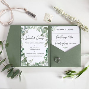 10x Sage Green Pocketfold Sleeve 'CE21 Classic Eucalyptus' Wedding Invitations | Sleeve/Belly Band/Envelope - Bespoke/Any Design, RSVP etc
