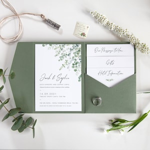 Sample Sage Green Pocketfold 'Classic Eucalyptus' Wedding Invitation - Matching Envelope Liner/Sticker - Tag & Twine or Sleeve/Belly Band