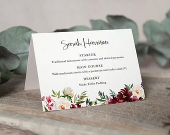 Personalised Menu Place Cards 'Red Velvet' , folded or flat, Guest name & their menu choices for weddings or events