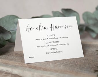 Personalised Wedding Menu Place Cards, Guest Names & Menu Choices, Elegant Script Design, Aurora