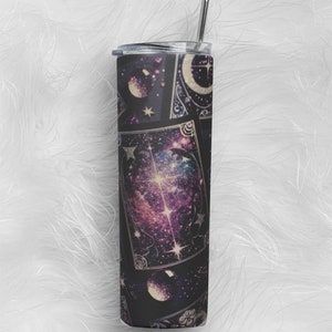 Celestial Skinny Tumbler 20 oz,  Tarot Card Gift For Mom, Boho Stainless Steel With Straw & Lid, Stars Moon Accessory For Hot Cold Drinks