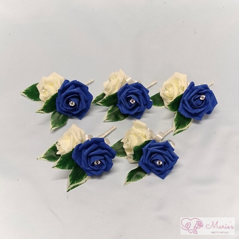 Artificial Wedding Flowers Colourfast Roses Matching Royal Blue Theme in Buttonhole ~ Groom ~ Guest ~ Bestman ~ Ladies Corsage
