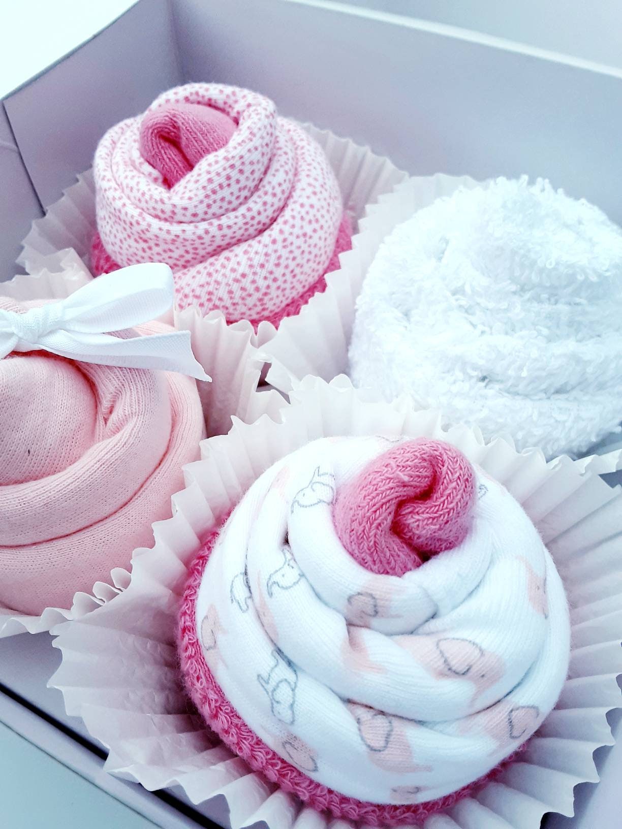 Baby Girl Cupcake Gift Box: Onesies, Socks pink white new mom baby shower gift