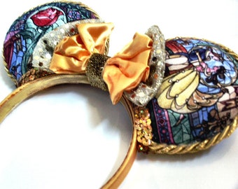Enchanted Adult Size Beauty & Beast Belle Inspired Mouse Ears Headband Designer Custom Handmade Mickey Minnie Disney Inspired mouse Ears