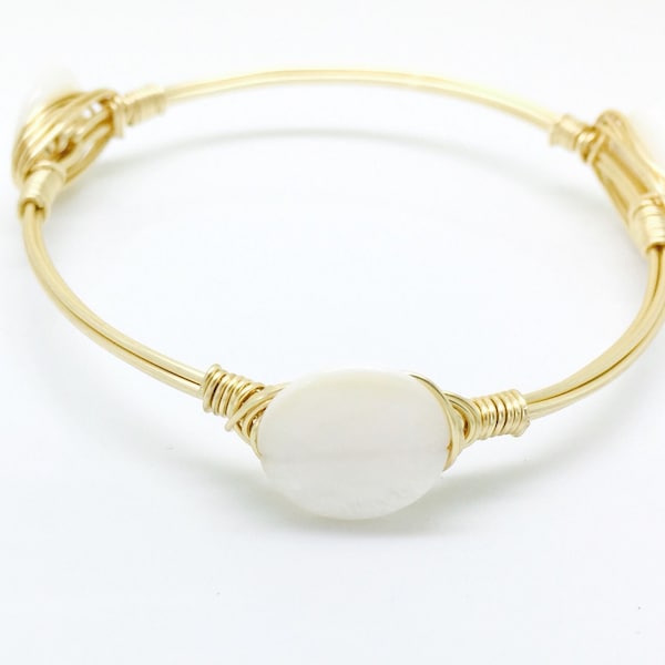 Bourbon Boweties inspired- White Mother of Pearl Coin Wire Wrapped Bangle Bracelet beach  bohemian minimalist bronzed boutique