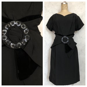 Vintage 1950s Little Black Pencil Dress with Sequin Velvet Accent