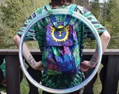 Custom patchwork drawstring backpack with hoop straps, one of a kind design by Noetic Effect, grateful dead music festival bag Stash pocket