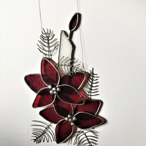 Vintage Large Stained Glass Poinsettias, Christmas Stained Glass Suncatcher, Christmas Candle, Poinsettias, Leaded Glass