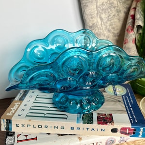 Vintage LE Smith Moon and Stars Ice Blue Glass Banana Fruit Bowl, Table Decor
