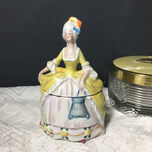 Vintage Porcelain Half Doll Powder Box, Baroque Lady Vanity Jar, 1920s