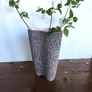 Vintage MCM Large Pink Black Lava Glaze Triangular Vase, Shawnee Pottery