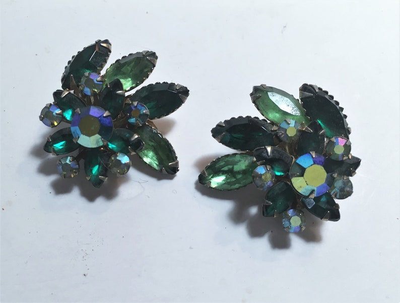 1950/'s Vintage Green Rhinestone Earrings Blue Green Rhinestone Earrings Costume Jewelry Vintage Clip Earrings
