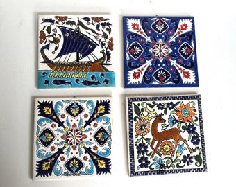 Vintage Greek  Porcelain Wall Tiles, Greek Ship, Geomatric Patterns, Deer Tile, Handmade Greek Souvenir